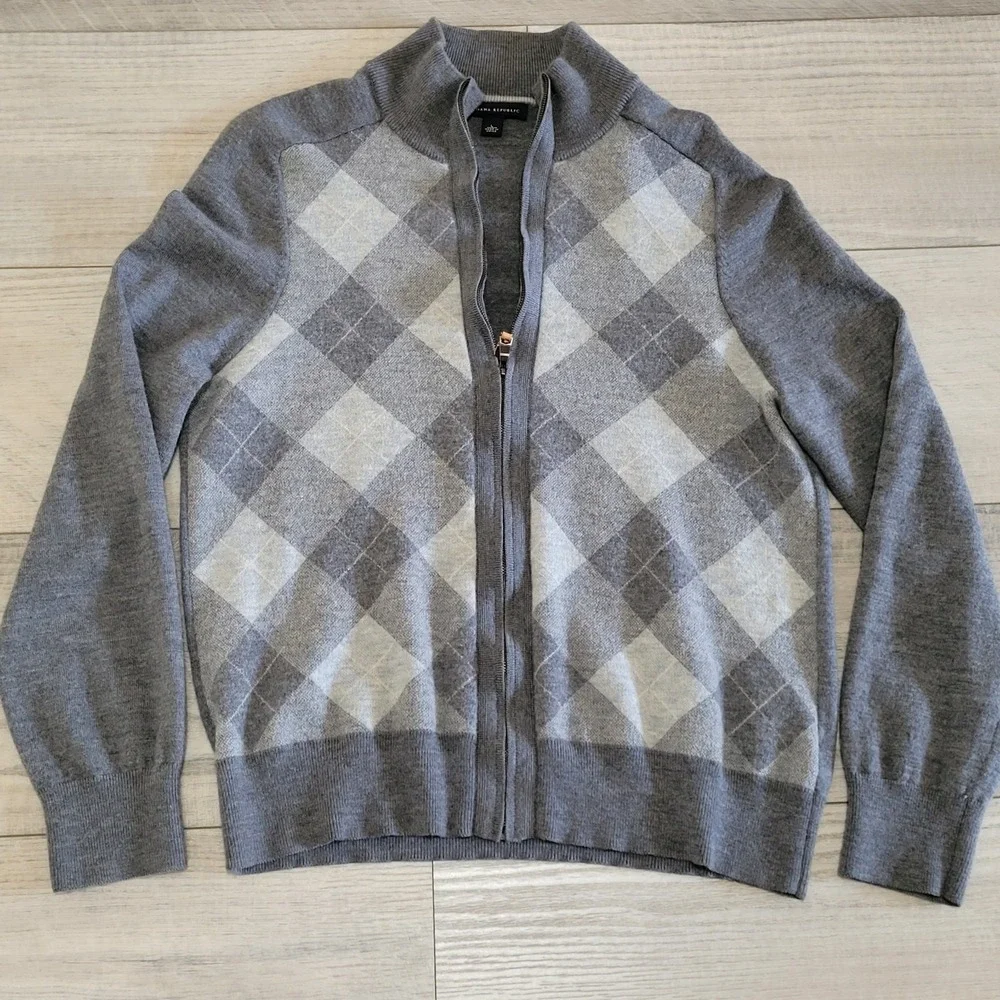 Banana Republic Sweater Mens L Gray 100% Wool‎ Argyle Full Zip Cardigan Preppy