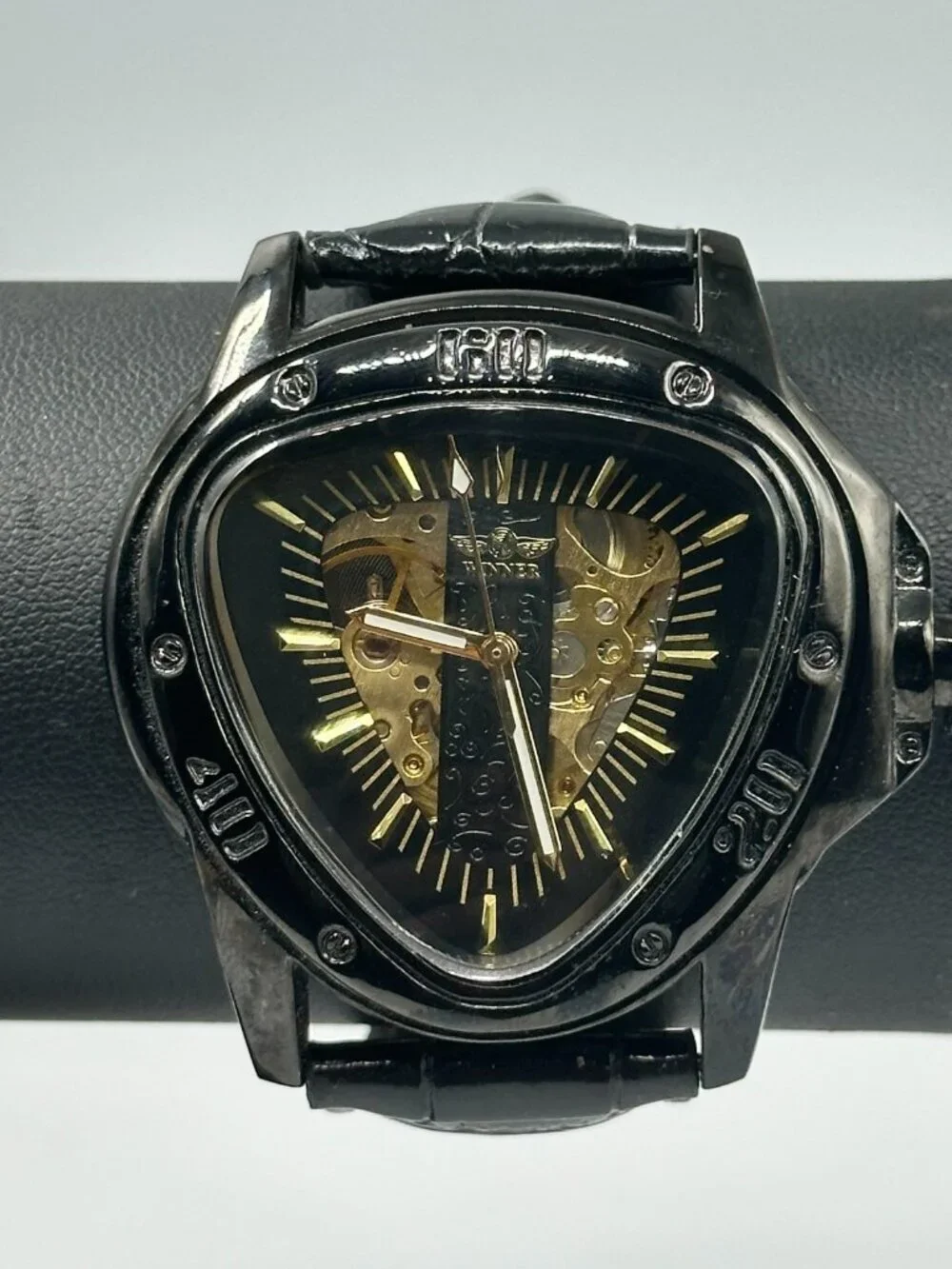 Winner Automatic Watch 49mm Black Triangle Case Skeleton Dial Leather Band