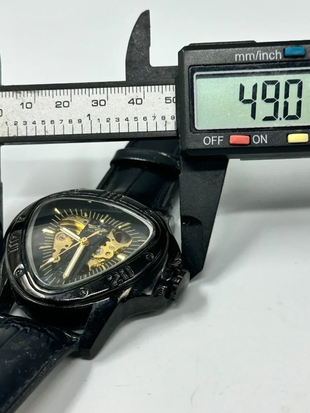 Winner Automatic Watch 49mm Black Triangle Case Skeleton Dial Leather Band