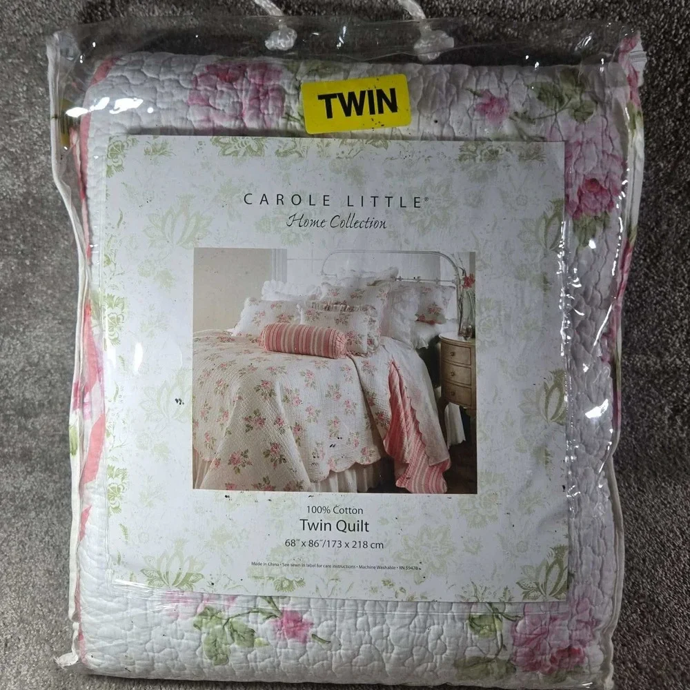 Carole Little Quilt Blanket Pink White Floral Striped Cottagecore - Twin