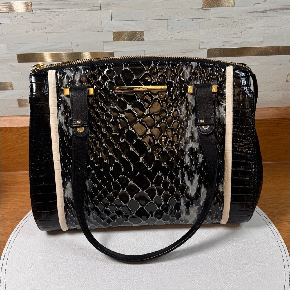 Brahmin Alice Satchel Black Carlisle Snake Embossed Leather Purse Small