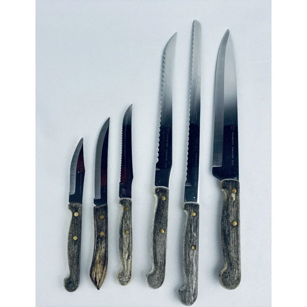 Vintage Ekco Lot Of 6 pc Stainless Vanadium Kitchen Knife‎ Wood Handle USA