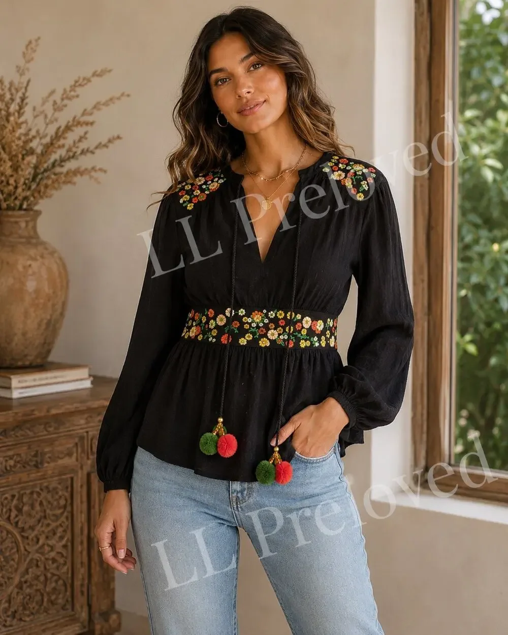 Vintage Black Embroidered Boho Peasant‎ Mini Dress Pom Pom Tassel Tunic