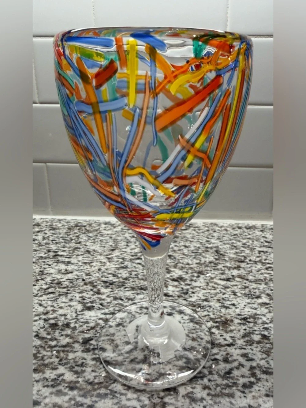 Pier 1 Confetti Hand‎ Painted Wine Goblet - Multi-Color Stemware