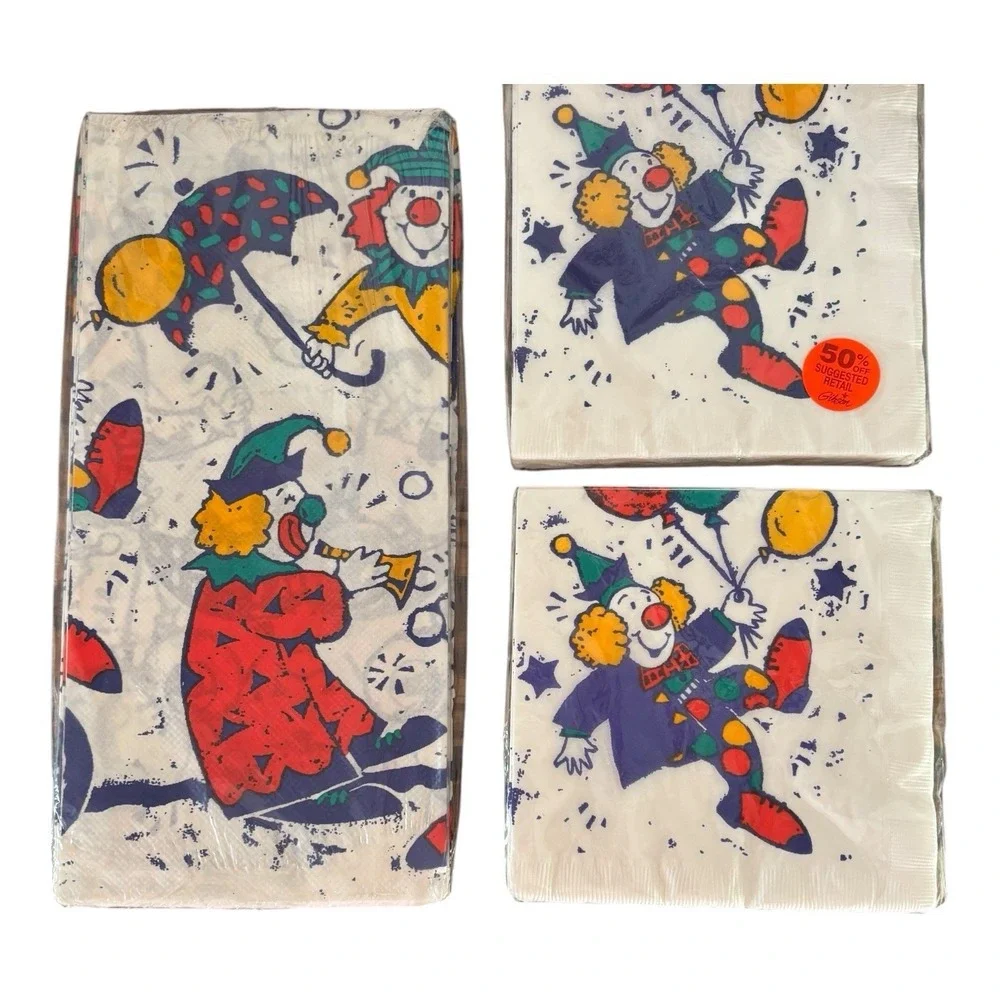 Lot Of 2Vintage Gibson‎ Clown with Balloons Luncheon Napkins 16 ct 1 Table Cover