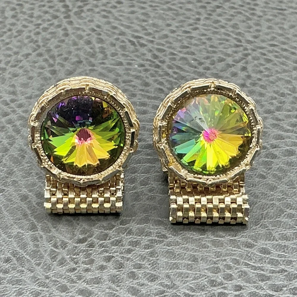 Vintage Dante Cufflinks Mens Gold Tone Mesh Multicolor Glass Round Retro Jewelry