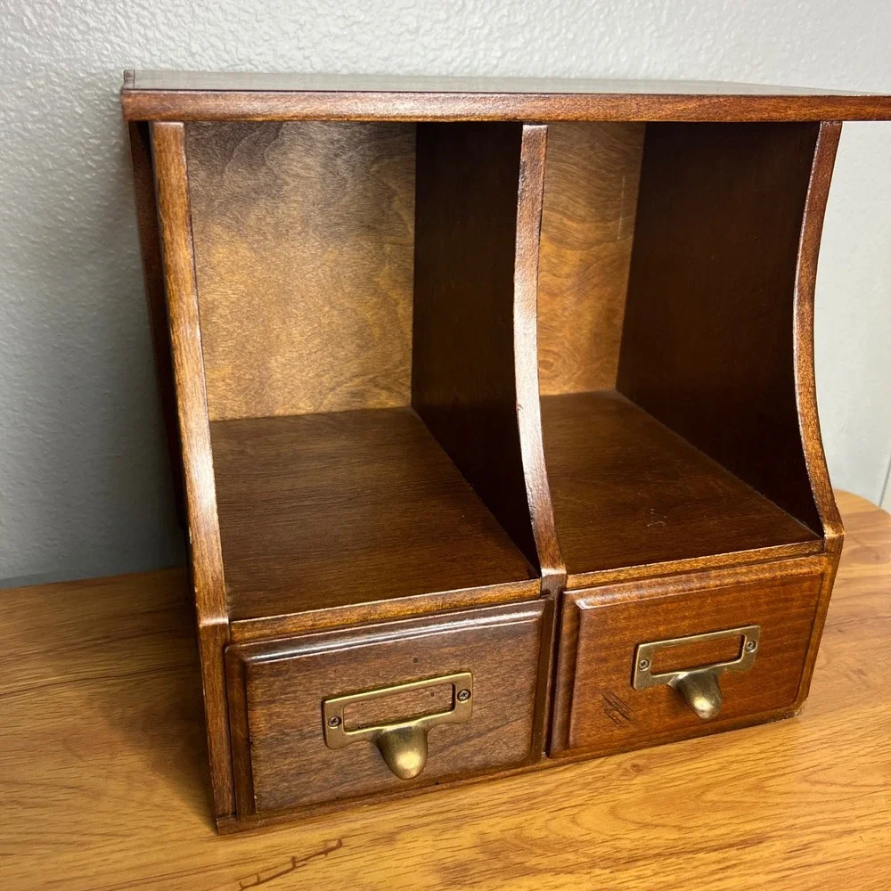 Vintage‎ 2 Drawer Desktop Organizer w/ File Drawers Wooden Library Rustic 10.25