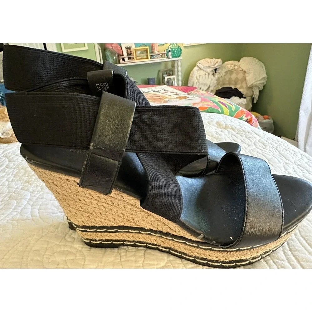 Charles by‎ Charles David Black Espadrille Wedge Sandals CC008 Elastic Straps 6M
