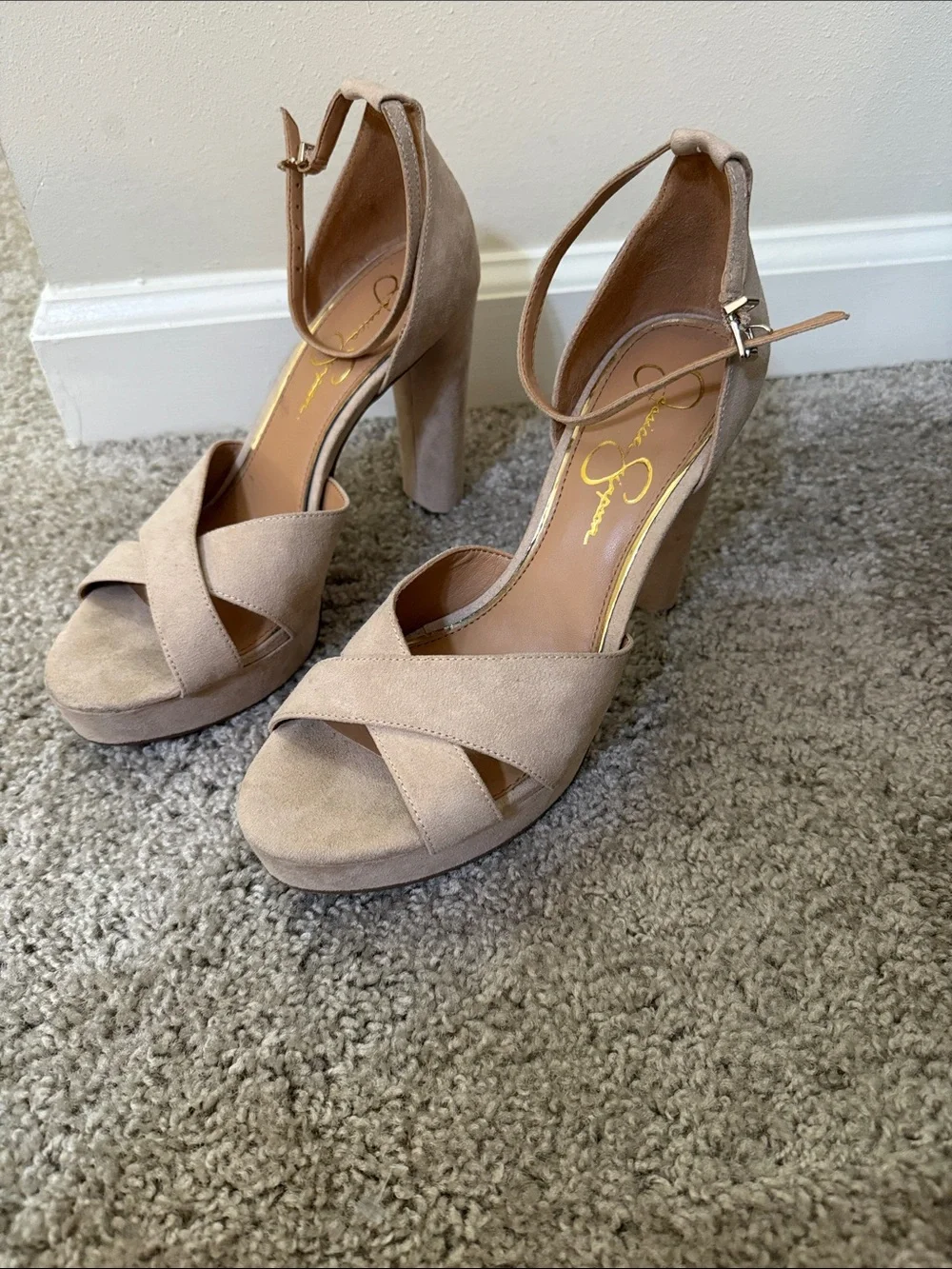 Jessica Simpson Beige Suede Platform Crisscross Ankle Strap Heels