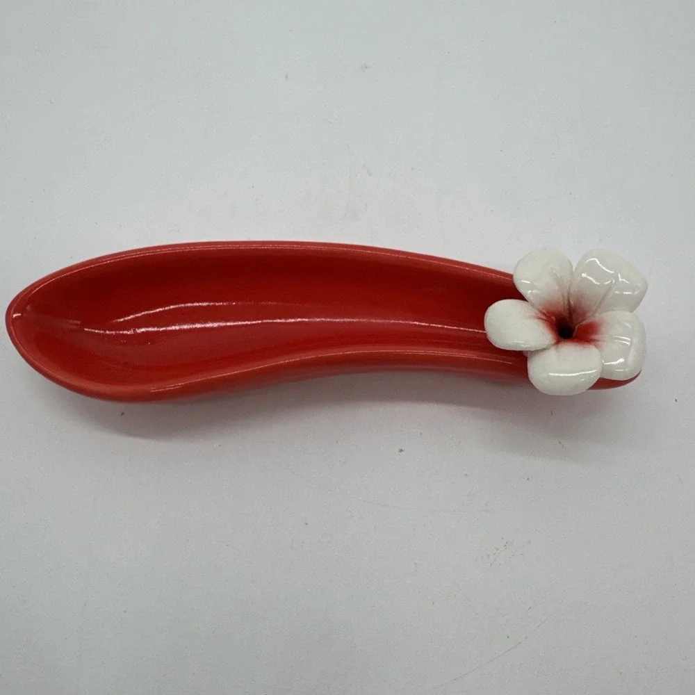 Vintage Red White Tropical Flower Spoon Rest Trinket Dish Hawaiian Style Small‎