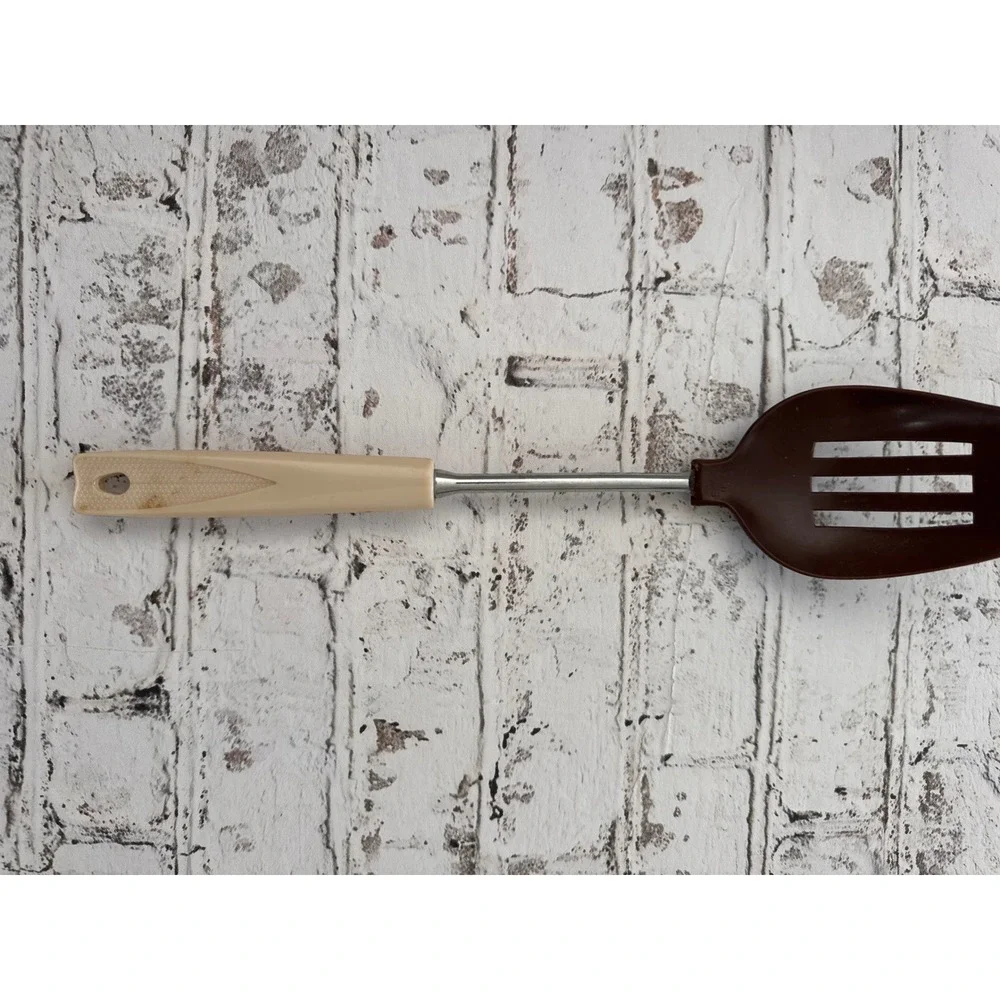 Vintage Slotted Spoon Brown Nylon Head Cream Melamine Handle Retro Kitchen Tool