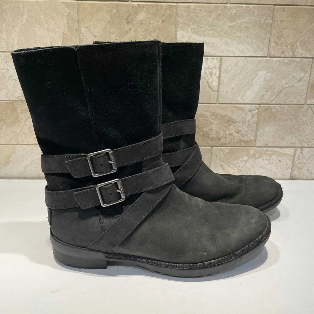 UGG Lorna Black‎ Waterproof Leather Suede Buckle Mid Calf Boots Sherpa 8.5
