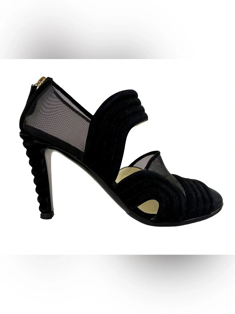 CHANEL BLACK SUEDE AND MESH SCULPTURAL HEEL PUMPS