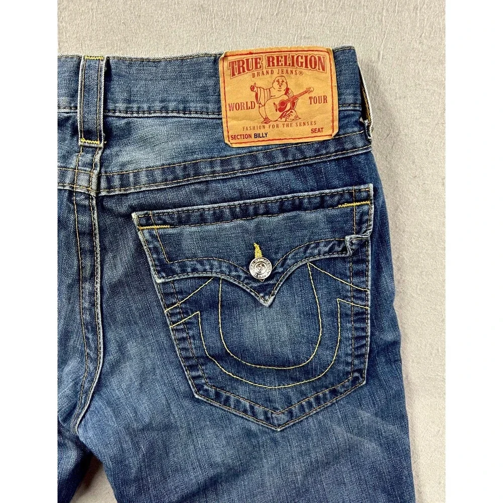Vintage True Religion Billy Jeans Mens Blue Embroidered Denim Made USA 33