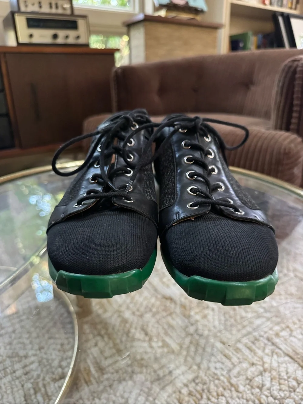 John Fluevog Black and Green Lace-Up Oxfords