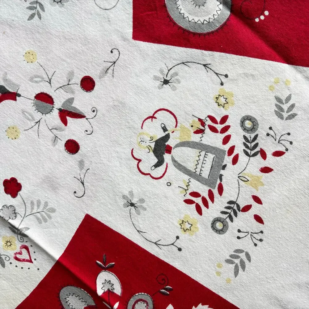 Red & white cotton tablecloth Pennsylvania Dutch motif mid century minor FLAWS
