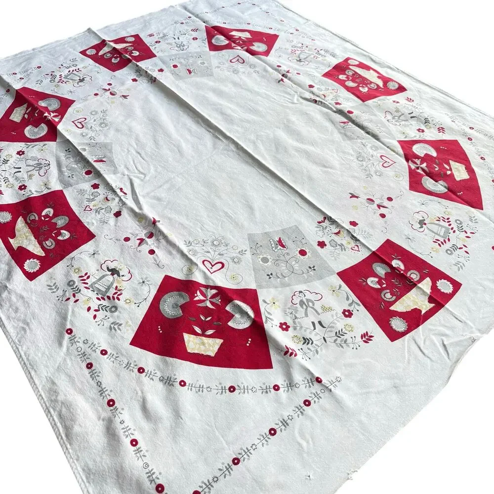 Red & white cotton tablecloth Pennsylvania Dutch motif mid century minor FLAWS