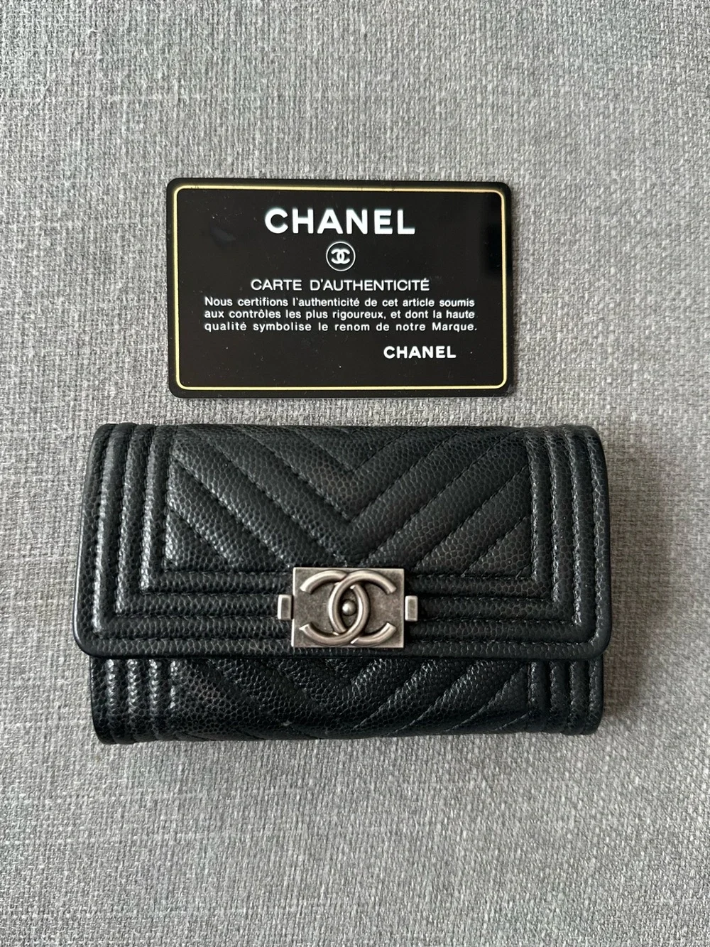 Chanel Black Caviar Chevron Compact Wallet
