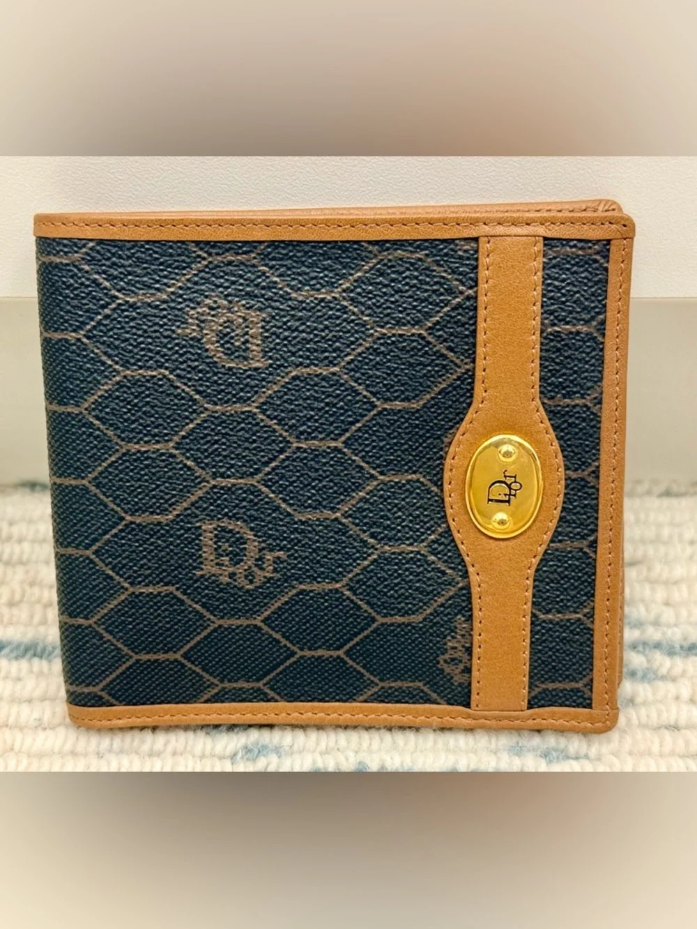 DIOR Vintage Unisex Icon Brown Honeycomb Monogram Canvas Leather Bifold Wallet