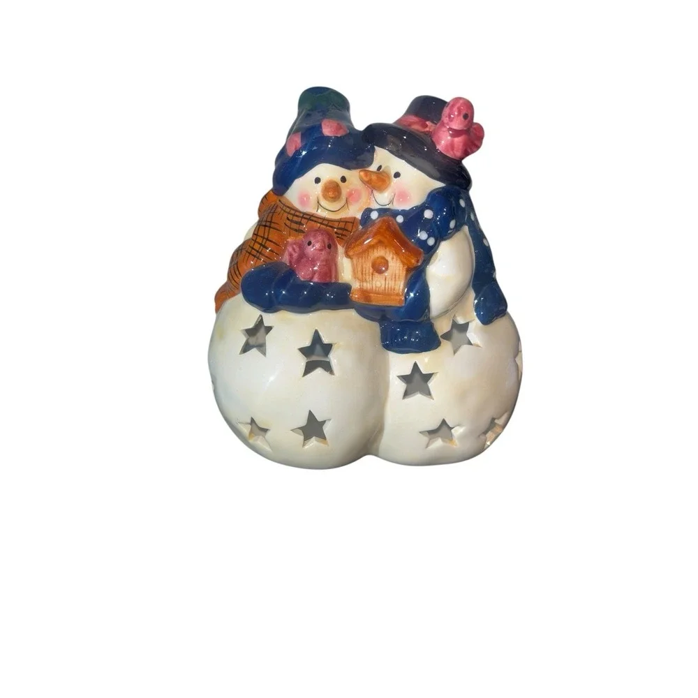 Mr. & Mrs. Snowman Ceramic TeaLight Votive Candle Holder Figurine‎ Cutouts