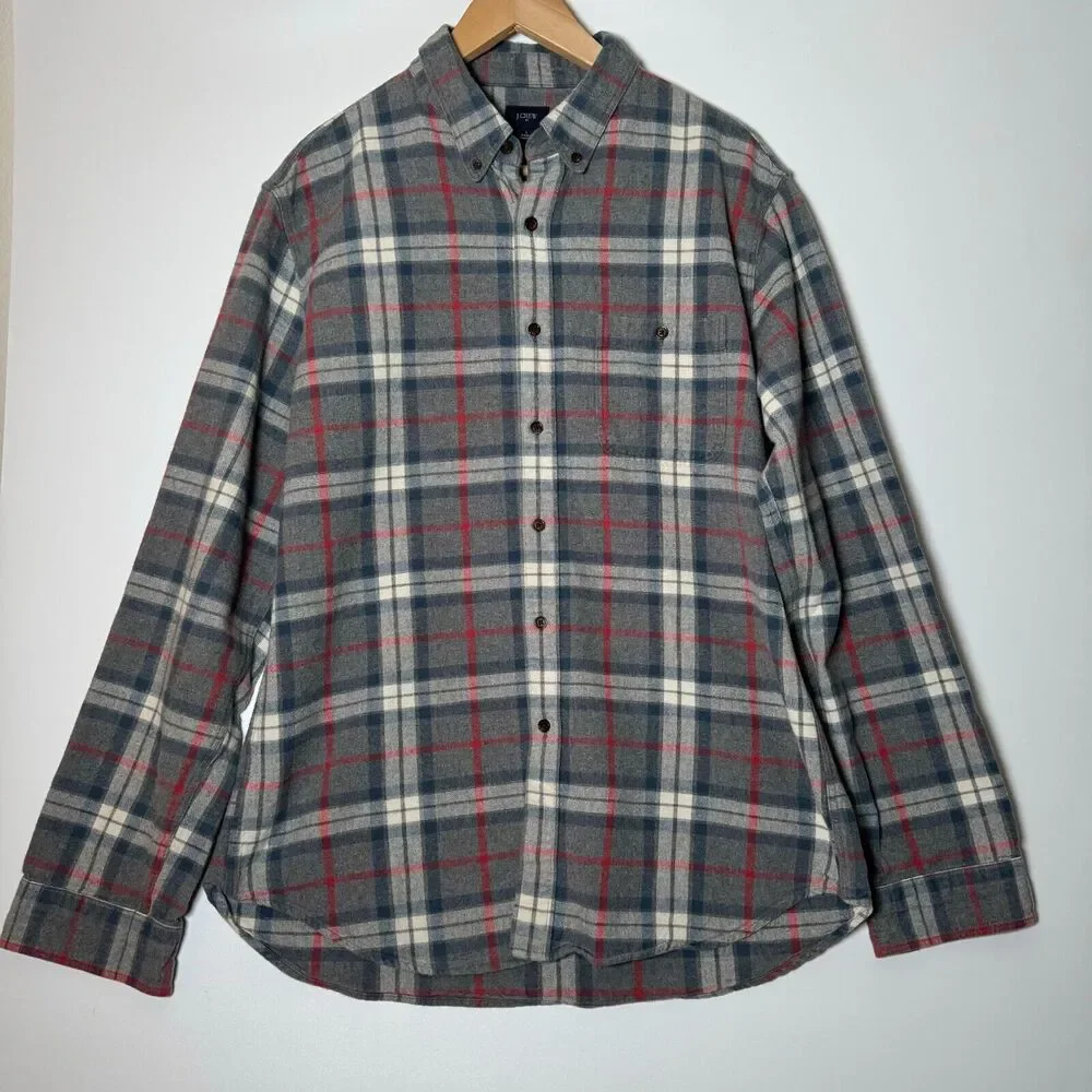 J Crew Plaid Flannel Shirt Mens Large Gray Grunge Lumberjack‎ Outdoors Preppy