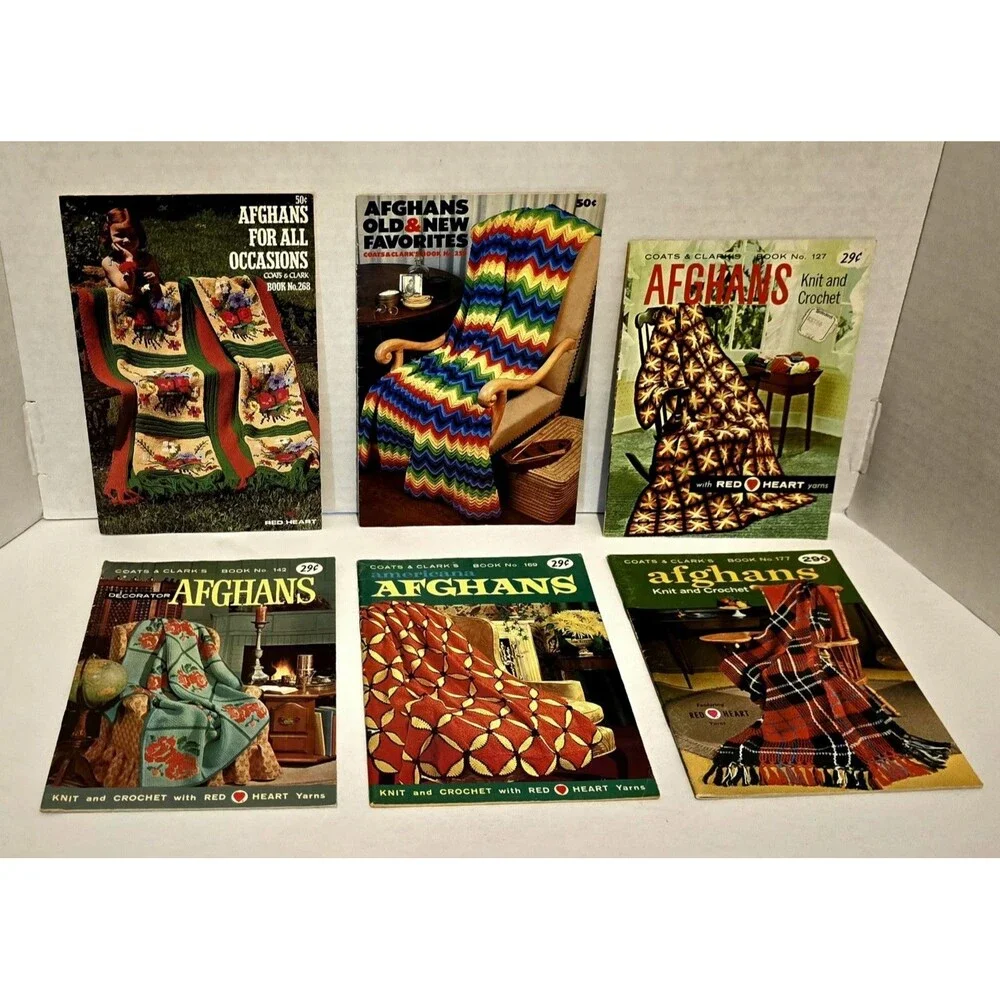 6 Afghan Knit & Crochet Booklets Vintage Coates & Clark's Americana Red Heart #5