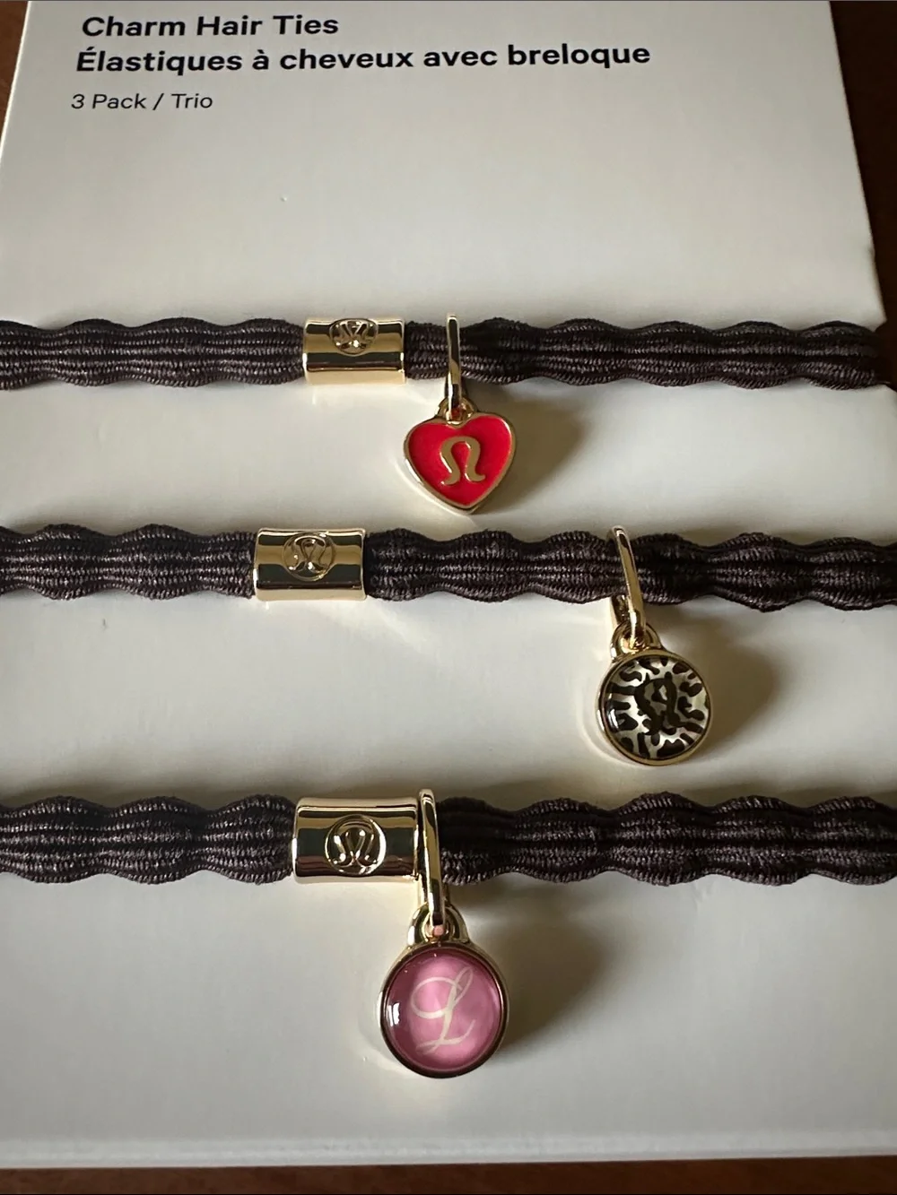 Lululemon Charm Hair Ties - Brown with Red & Pink Charms (3 Pack) NWT