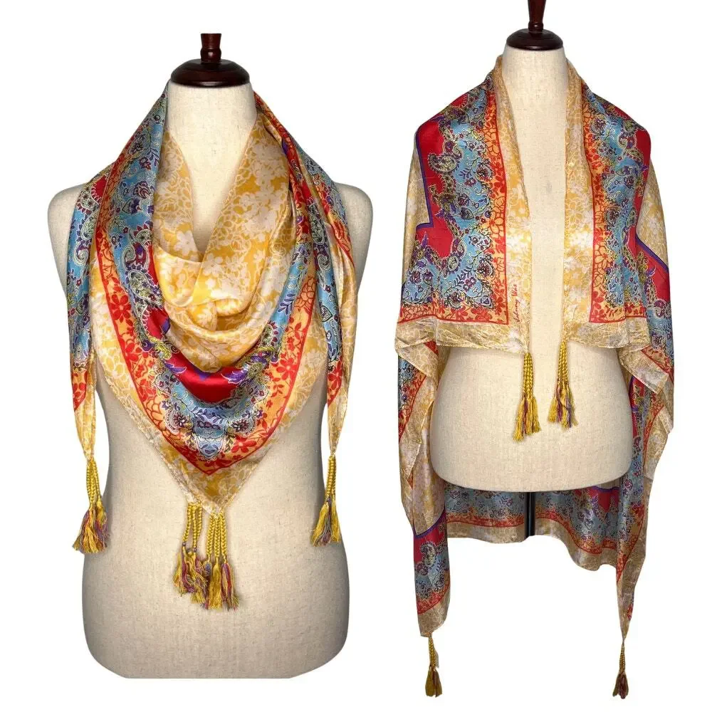 Johnny Was Silk Scarf Tassels Yellow Floral Paisley Border Square Boho 42x42