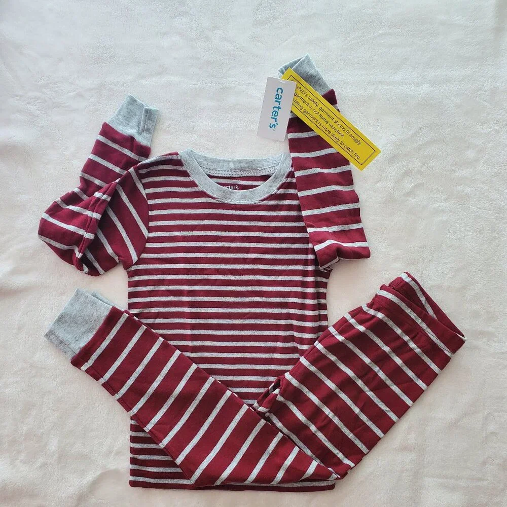 NEW Kids Carters Pajamas Set Red Stripe Long Sleeve Pants‎ Size 5 Boys Girls