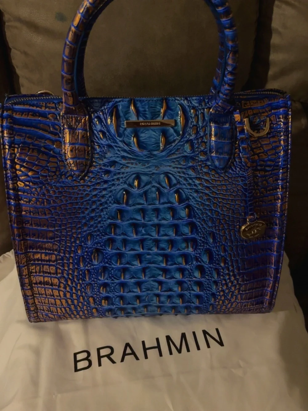 Brahmin Blue and Brown Croc-Embossed Satchel