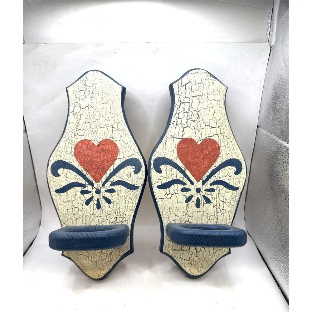 2 Vintage Folk Art Heart Wall Sconce Candle Holder Wood  Farm Country Decor