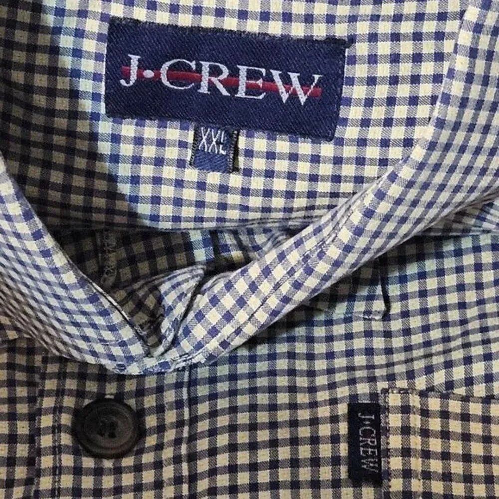 J.Crew Button-Up Mens 2XL Blue Check Short Sleeve Cotton Blend Slim Fit