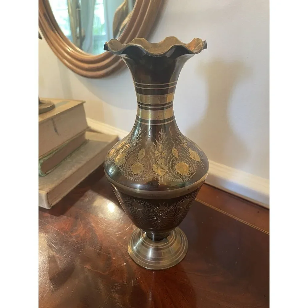 Brass/Metal Vase, Boho Etched 9.5