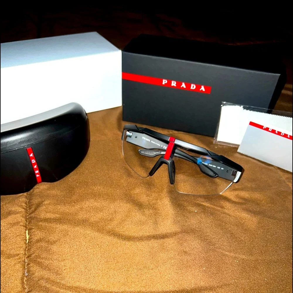 Prada Black Sunglasses with Red Accent Rimless Shield
