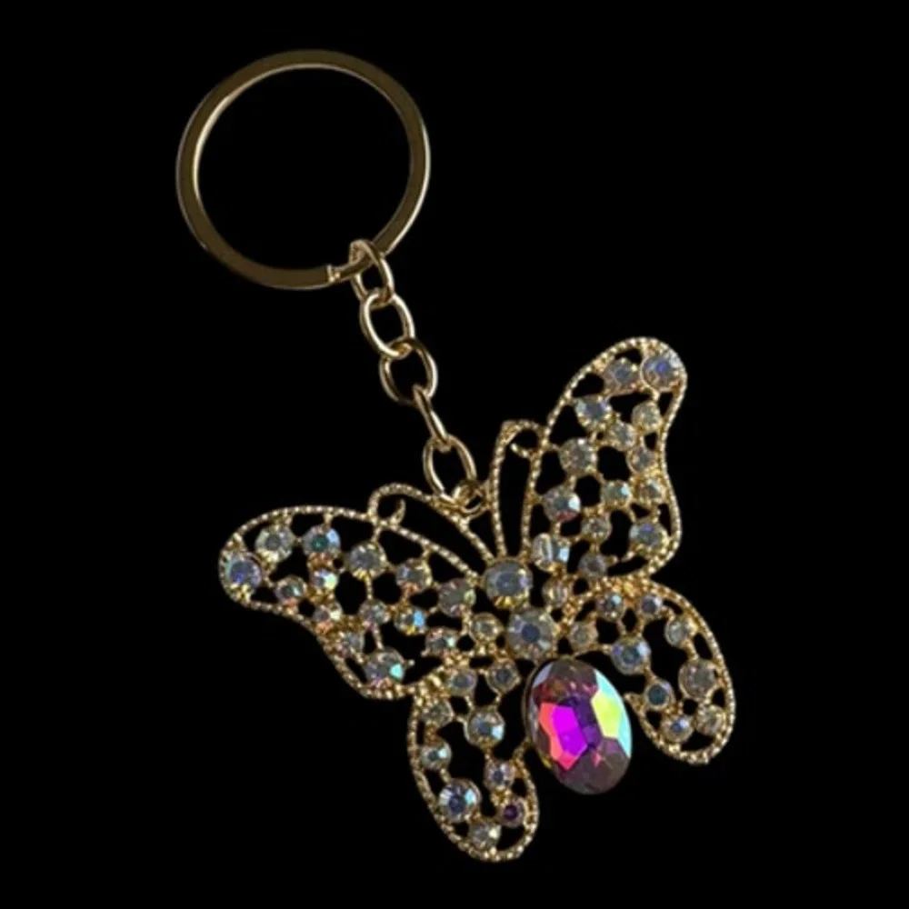 Women's Gold Tone Iridescent Butterfly Key Chain Rhinestone Crystal Bling Charm