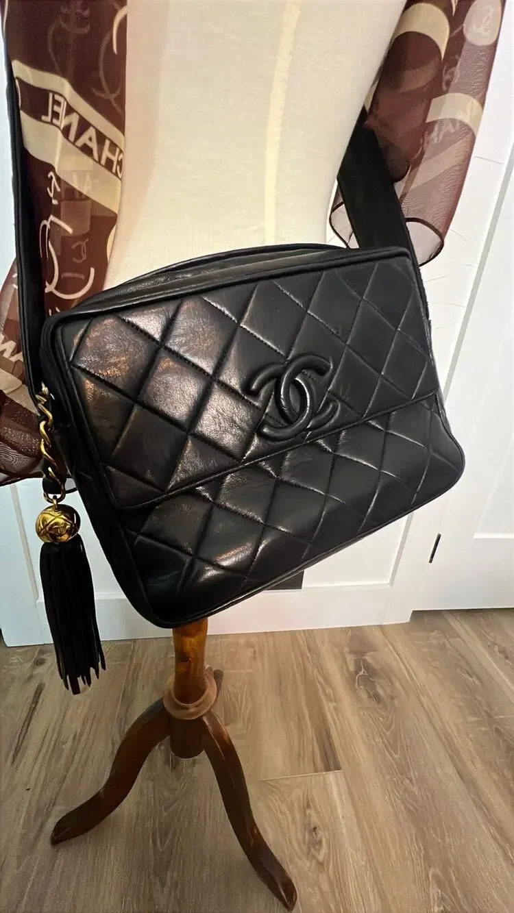Chanel Vintage CC Quilted Lambskin Tassel Camera Bag.