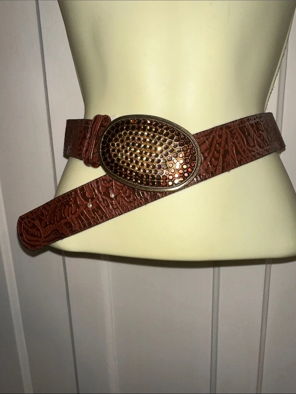 Vintage Elite Accessories Brown Embossed Leather Belt - Rhinestone Oval Buckle