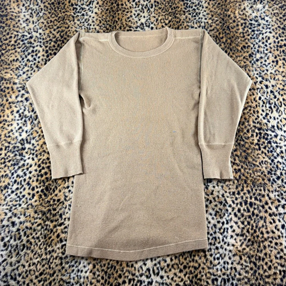 Vintage 1940s Military Undershirt Khaki Ribbed Knit Long Sleeve Crew Neck 1341