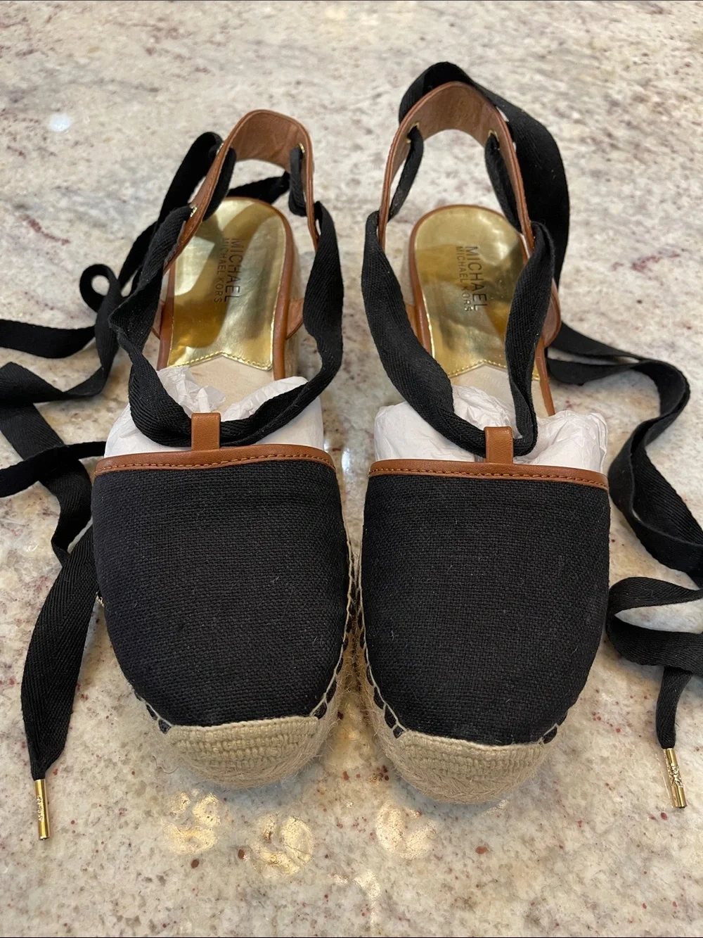 MICHAEL Michael Kors Lilah Lace-Up Espadrille Wedges Black Canvas Size 11