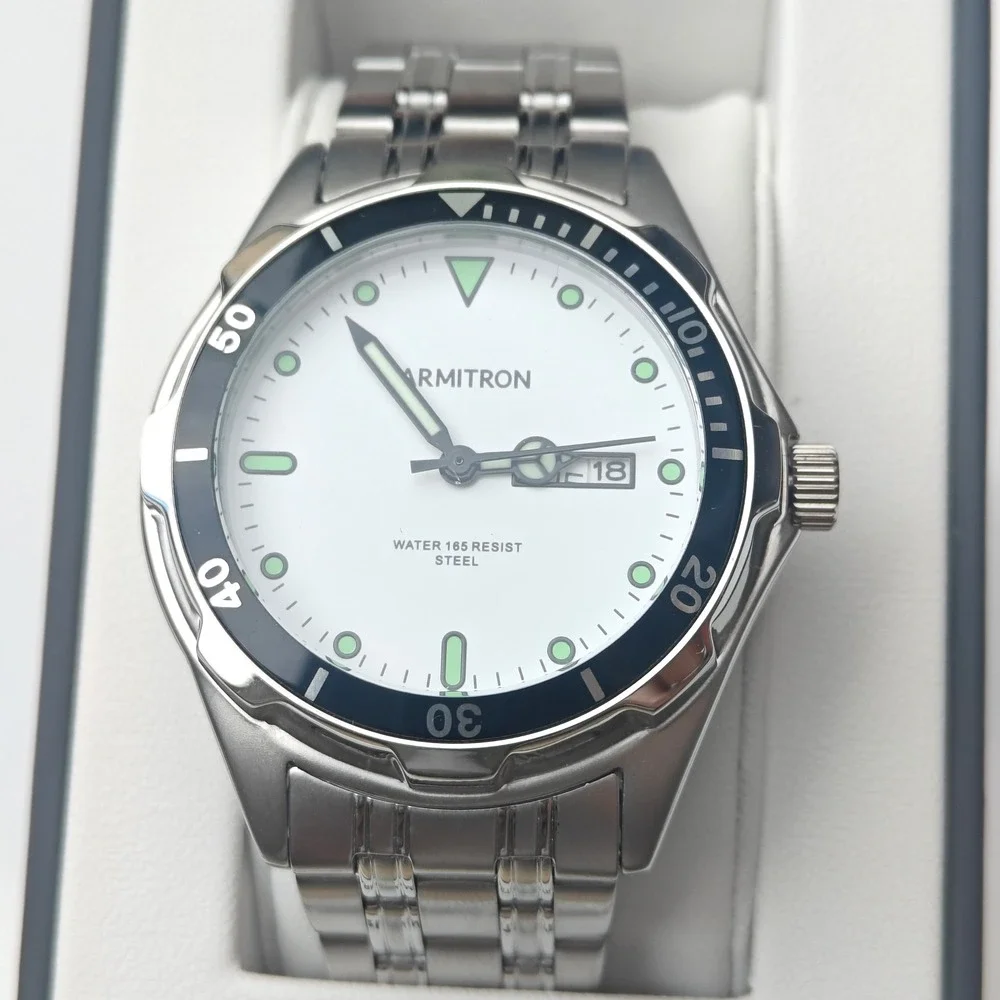 Men's Armitron Silver Tone Stainless Steel Scuba Diver Watch Date White Dial New