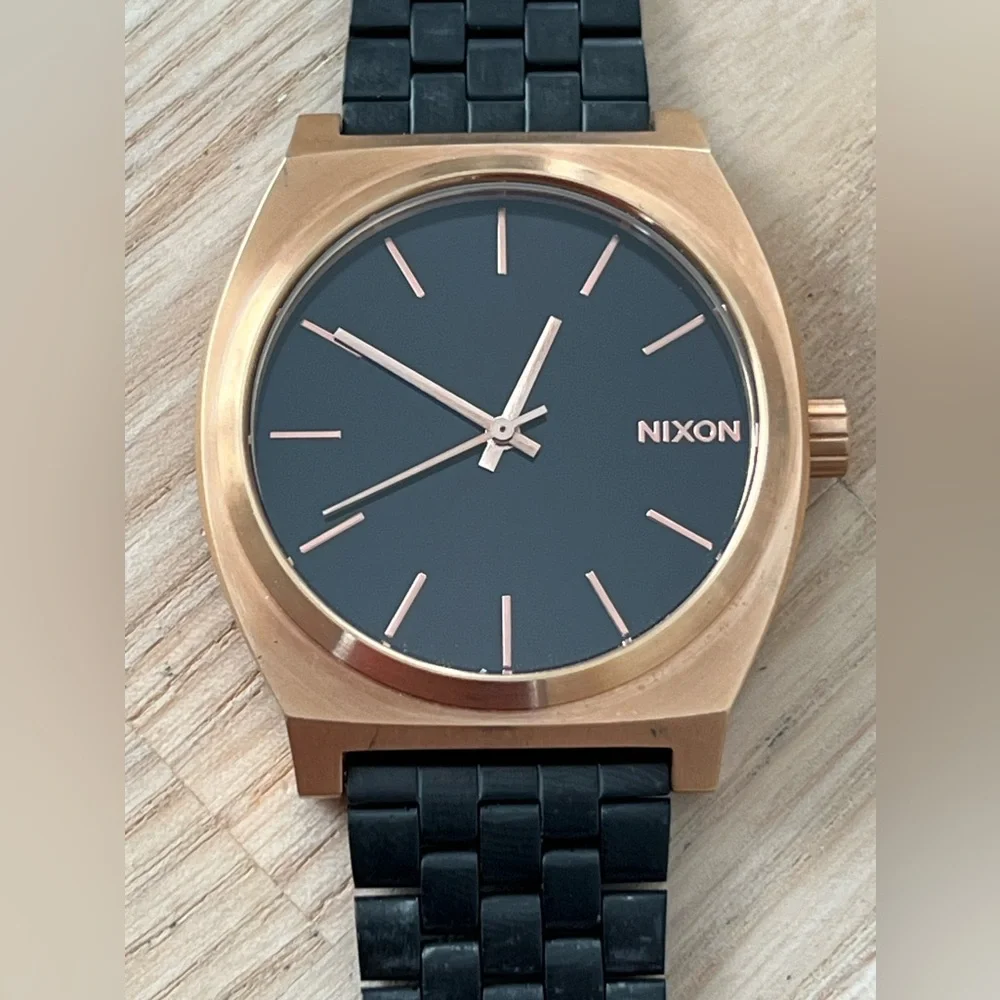 Nixon Minimal Time Traveler Black and Rose Gold Watch Adjustable Black Bracelet