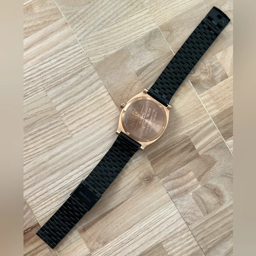 Nixon Minimal Time Traveler Black and Rose Gold Watch Adjustable Black Bracelet