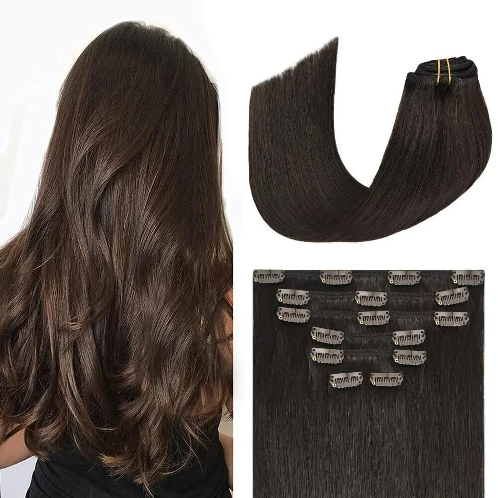 Dark Brown Clip in Hair Extensions Real Human Hair 70G Remy Human Hair Clip in E