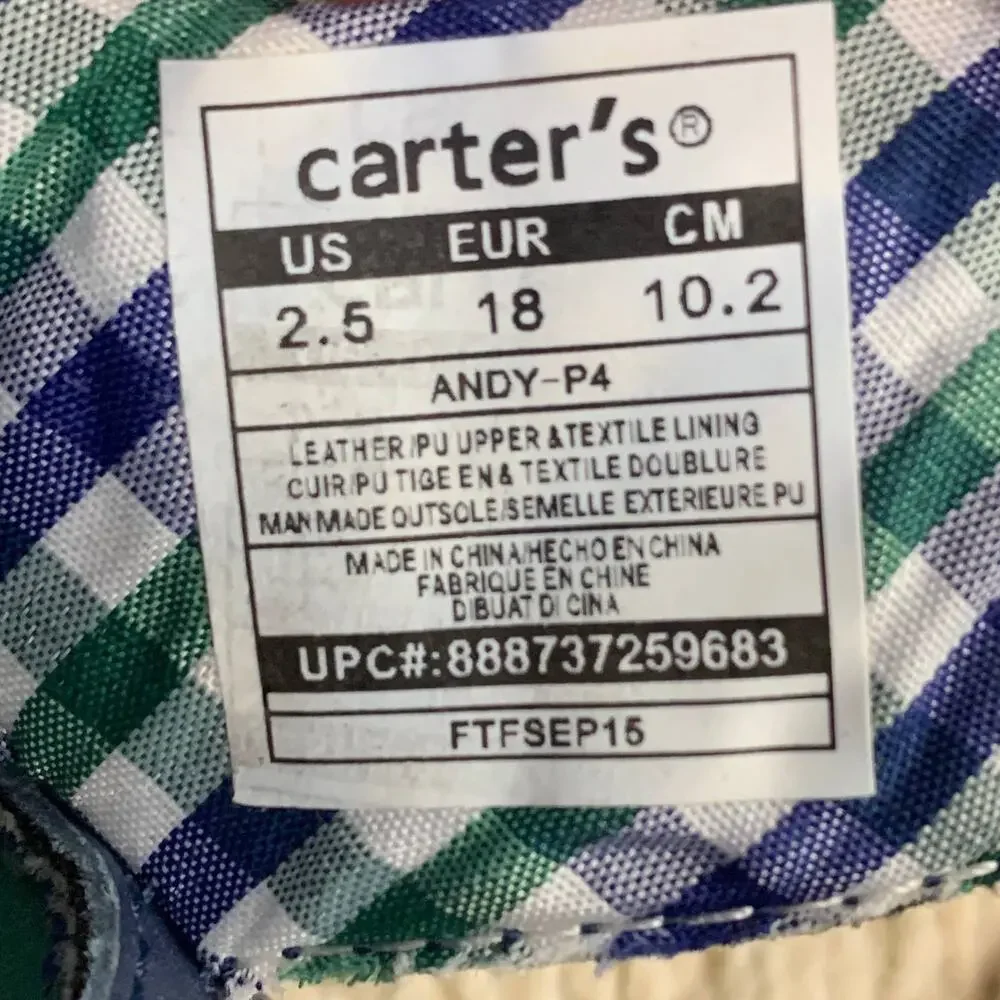 Carter’s Blue Leather Chukka Boots Baby Shoes Boy 2.5 Elephant Plaid Moccasins
