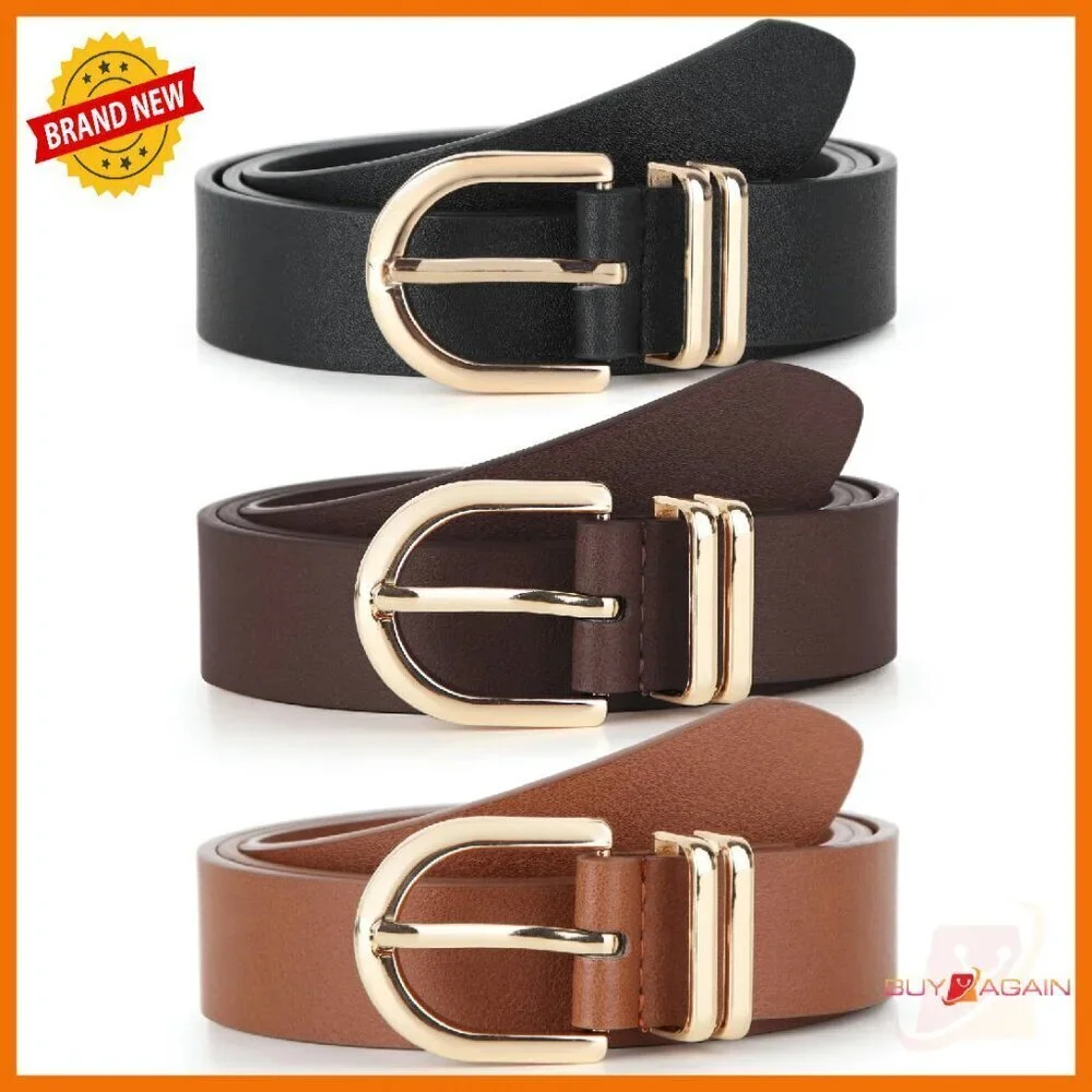Women's Faux Leather Belts Gold Buckle 3 Pack for Jeans Pants