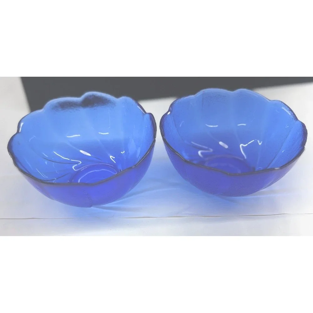Lot of 2 Arcoroc France Cobalt Blue Glass Bowls Swirl Pattern with Scalloped Rim