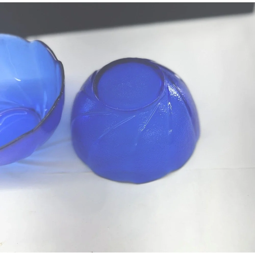Lot of 2 Arcoroc France Cobalt Blue Glass Bowls Swirl Pattern with Scalloped Rim
