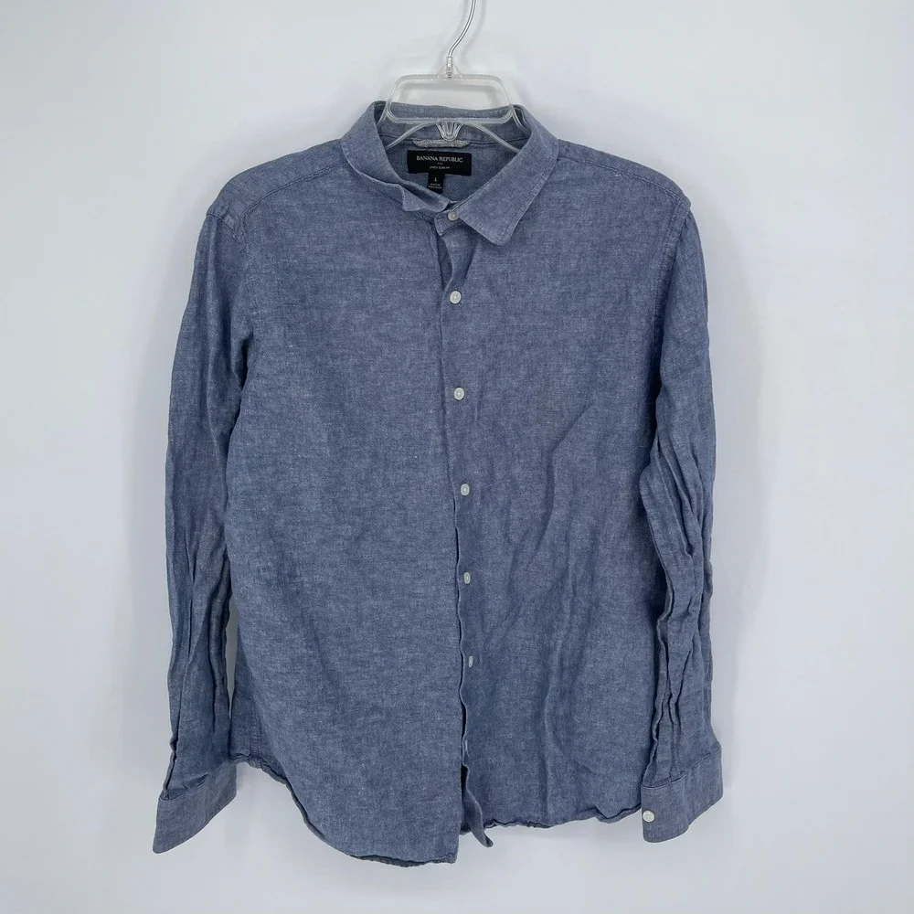 Banana Republic Men's Blue Linen Cotton Slim Fit Button-Down Shirt Size‎ Large