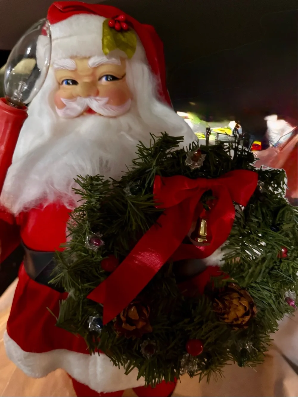 Santa Figure with Festive Green Wreath - Red Holiday Decor