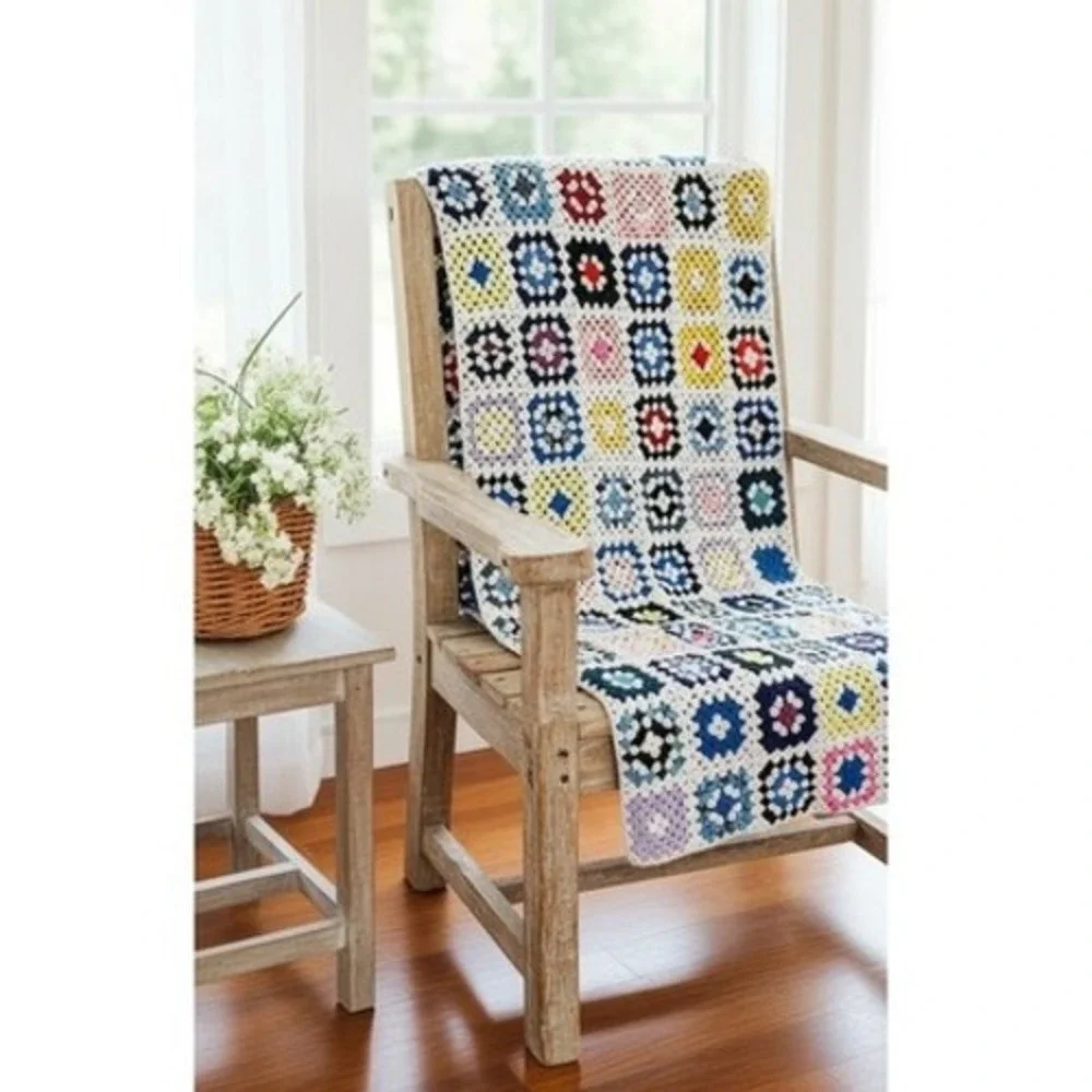 Handmade Crochet Granny Square Blanket Multicolor Throw Lap‎ Afghan 56x36